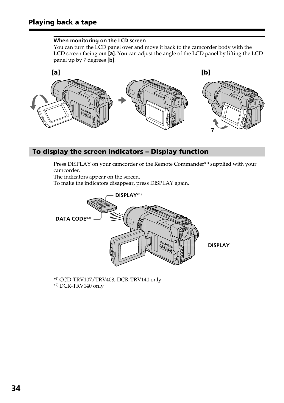 Playing back a tape, A] [b | Sony DCR-TRV140 User Manual | Page 34 / 148