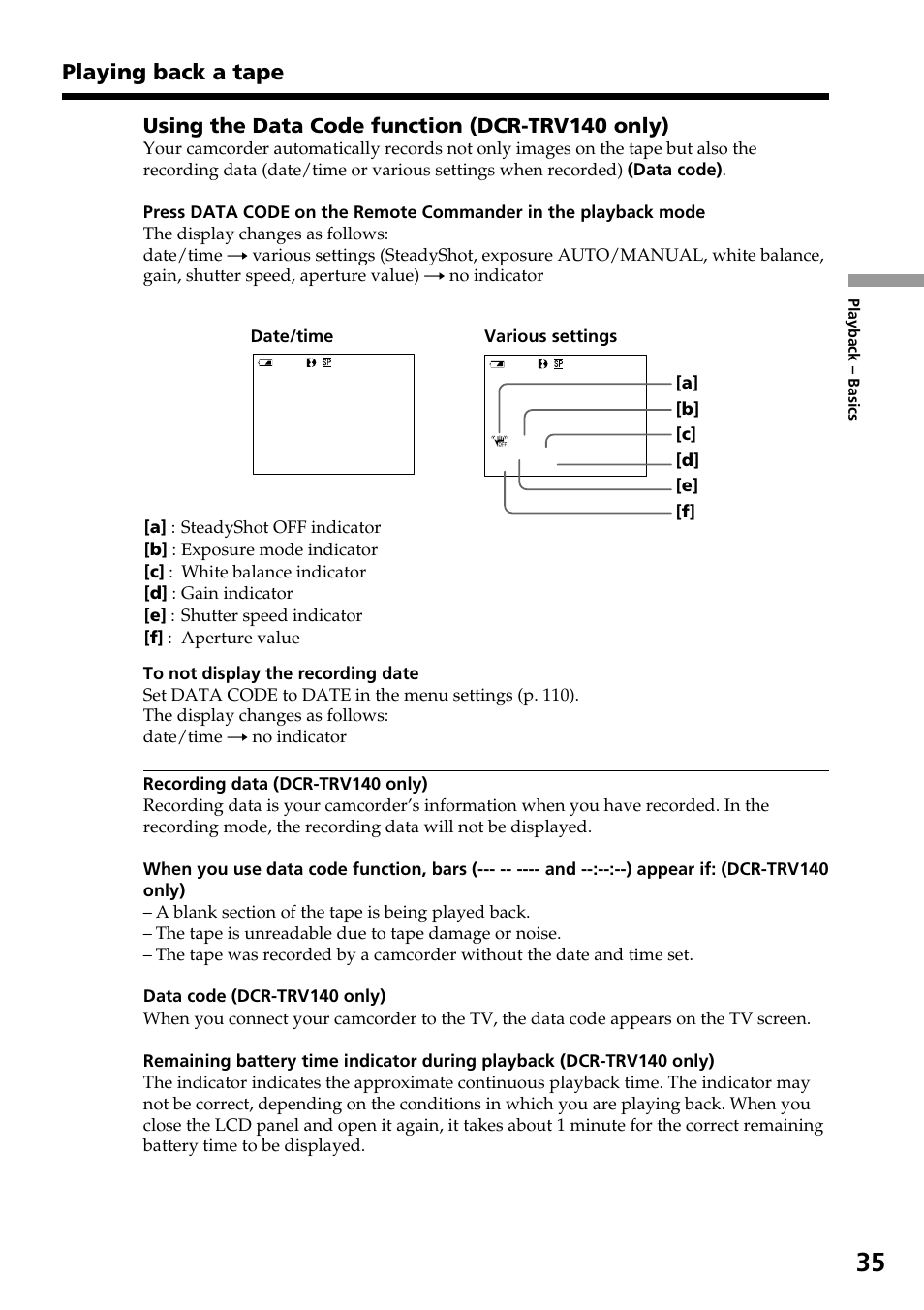 Playing back a tape, Using the data code function (dcr-trv140 only) | Sony DCR-TRV140 User Manual | Page 35 / 148