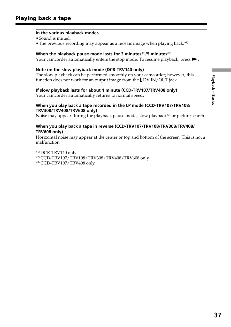 Playing back a tape | Sony DCR-TRV140 User Manual | Page 37 / 148