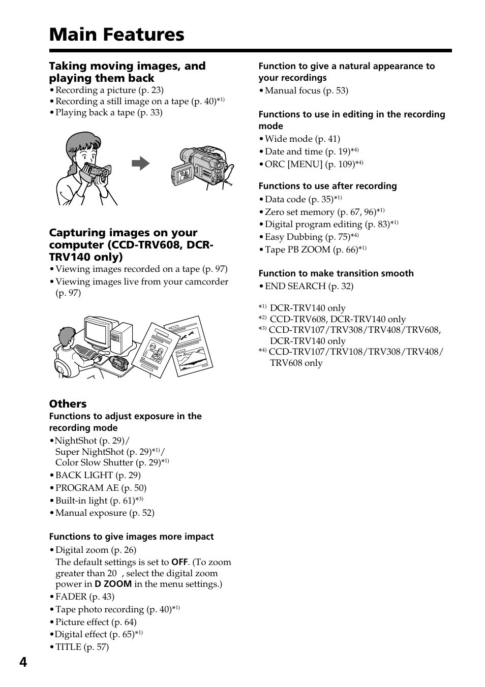 Main features, Taking moving images, and playing them back, Others | Sony DCR-TRV140 User Manual | Page 4 / 148