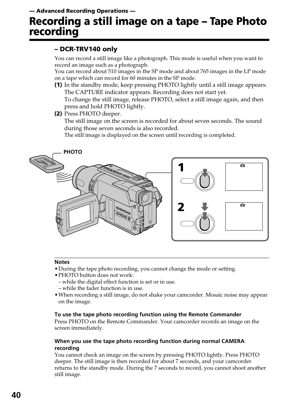 Advanced recording operations | Sony DCR-TRV140 User Manual | Page 40 / 148