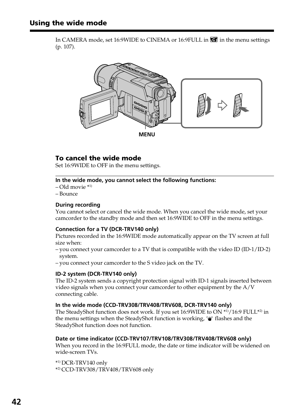 Using the wide mode | Sony DCR-TRV140 User Manual | Page 42 / 148