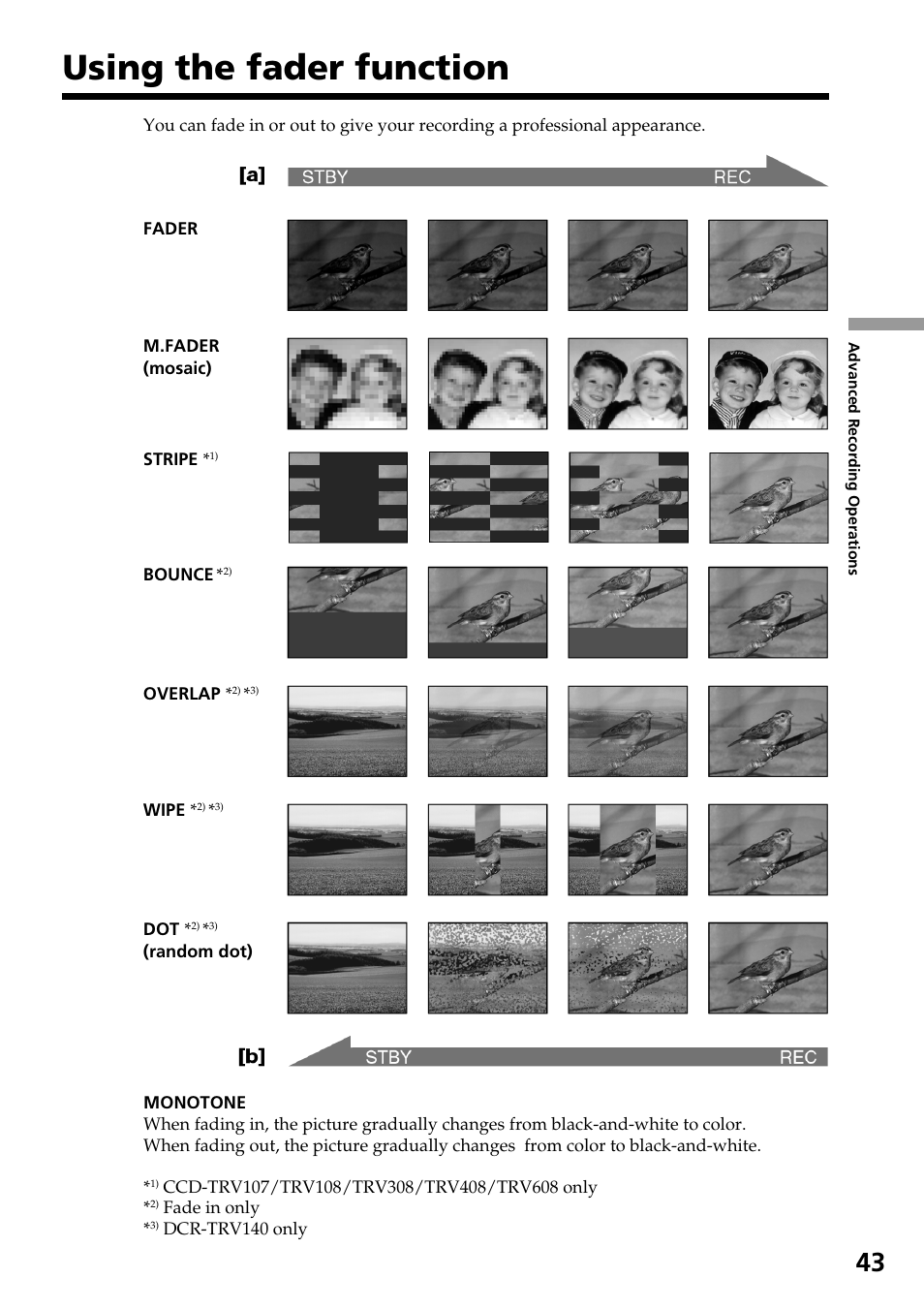 Using the fader function | Sony DCR-TRV140 User Manual | Page 43 / 148