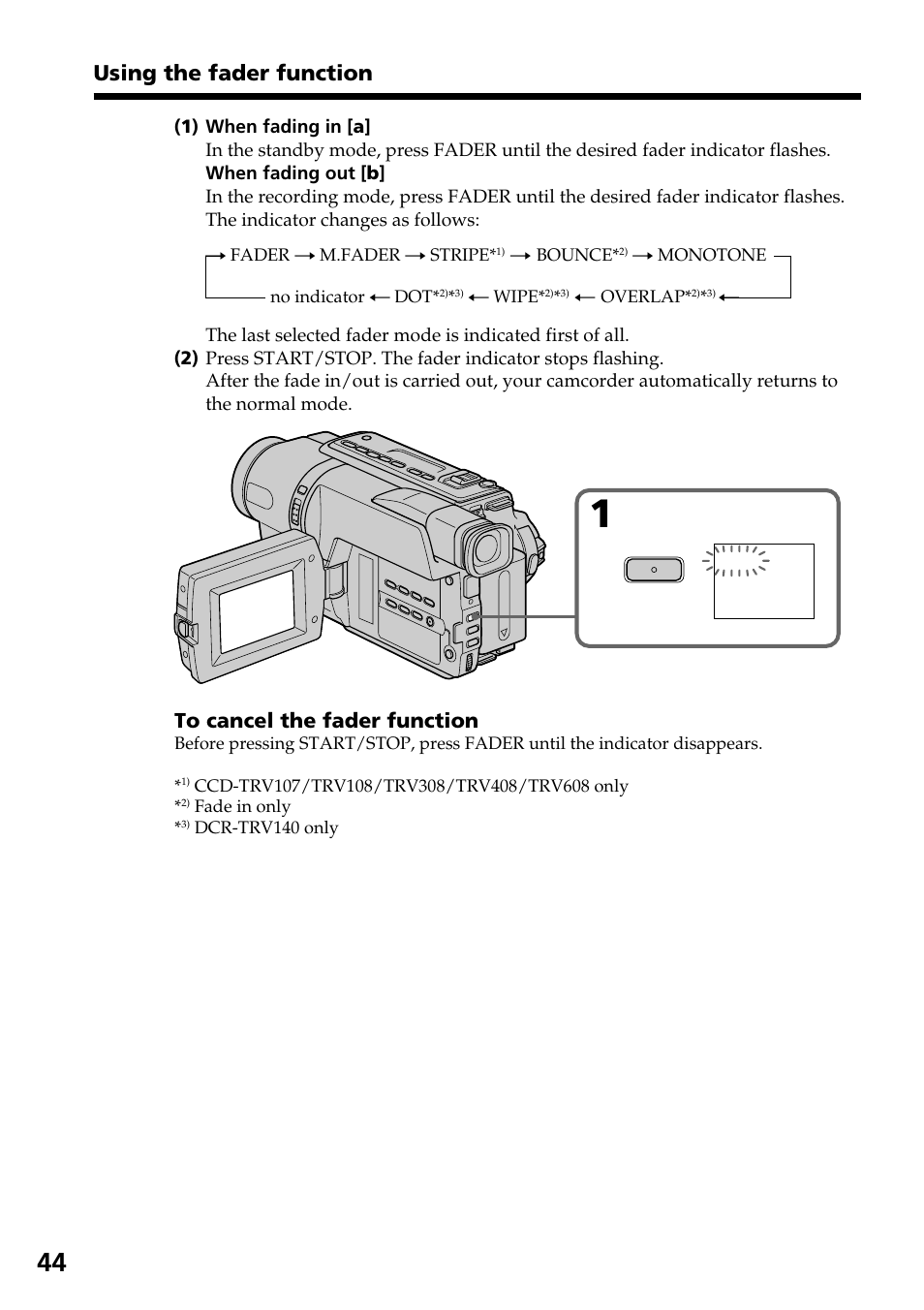 Using the fader function | Sony DCR-TRV140 User Manual | Page 44 / 148
