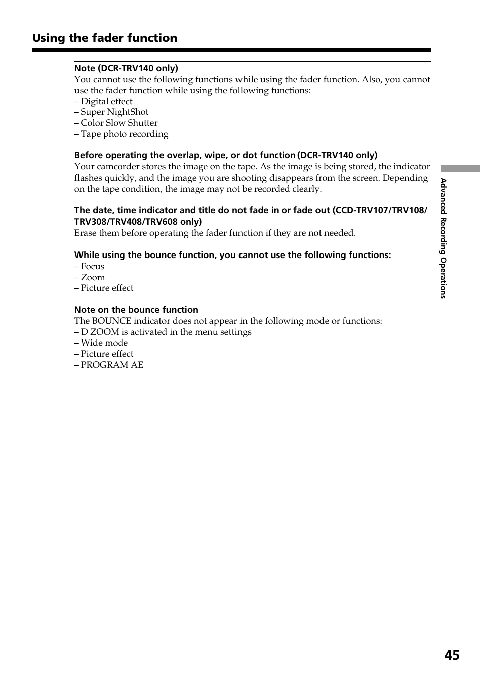 Using the fader function | Sony DCR-TRV140 User Manual | Page 45 / 148