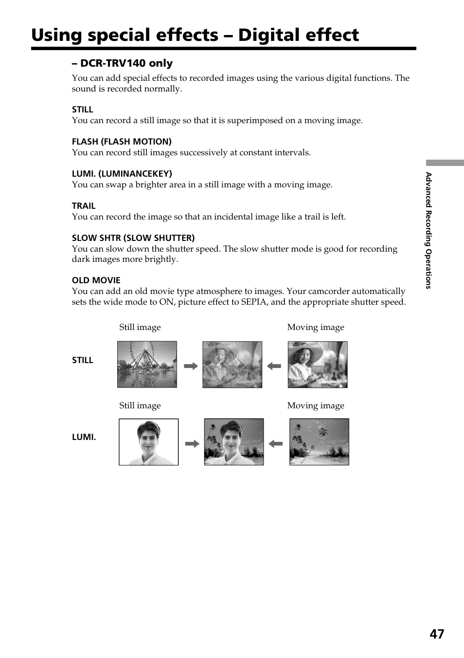 Using special effects – digital effect | Sony DCR-TRV140 User Manual | Page 47 / 148