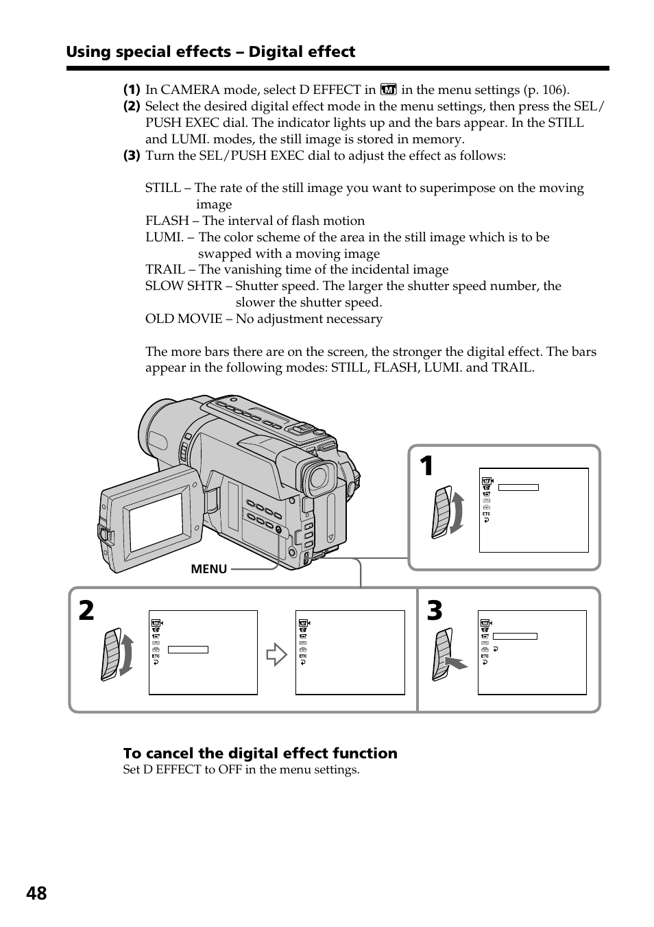 Using special effects – digital effect | Sony DCR-TRV140 User Manual | Page 48 / 148