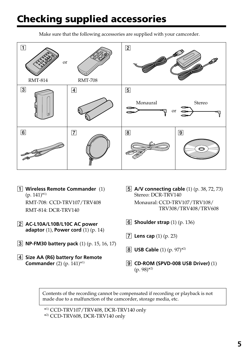 Checking supplied accessories | Sony DCR-TRV140 User Manual | Page 5 / 148