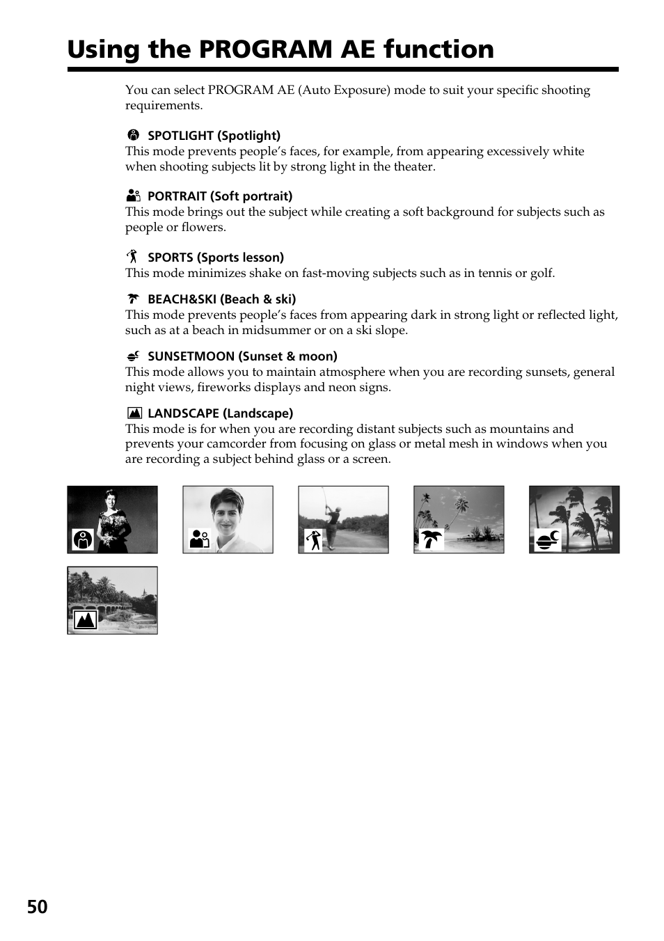 Using the program ae function | Sony DCR-TRV140 User Manual | Page 50 / 148