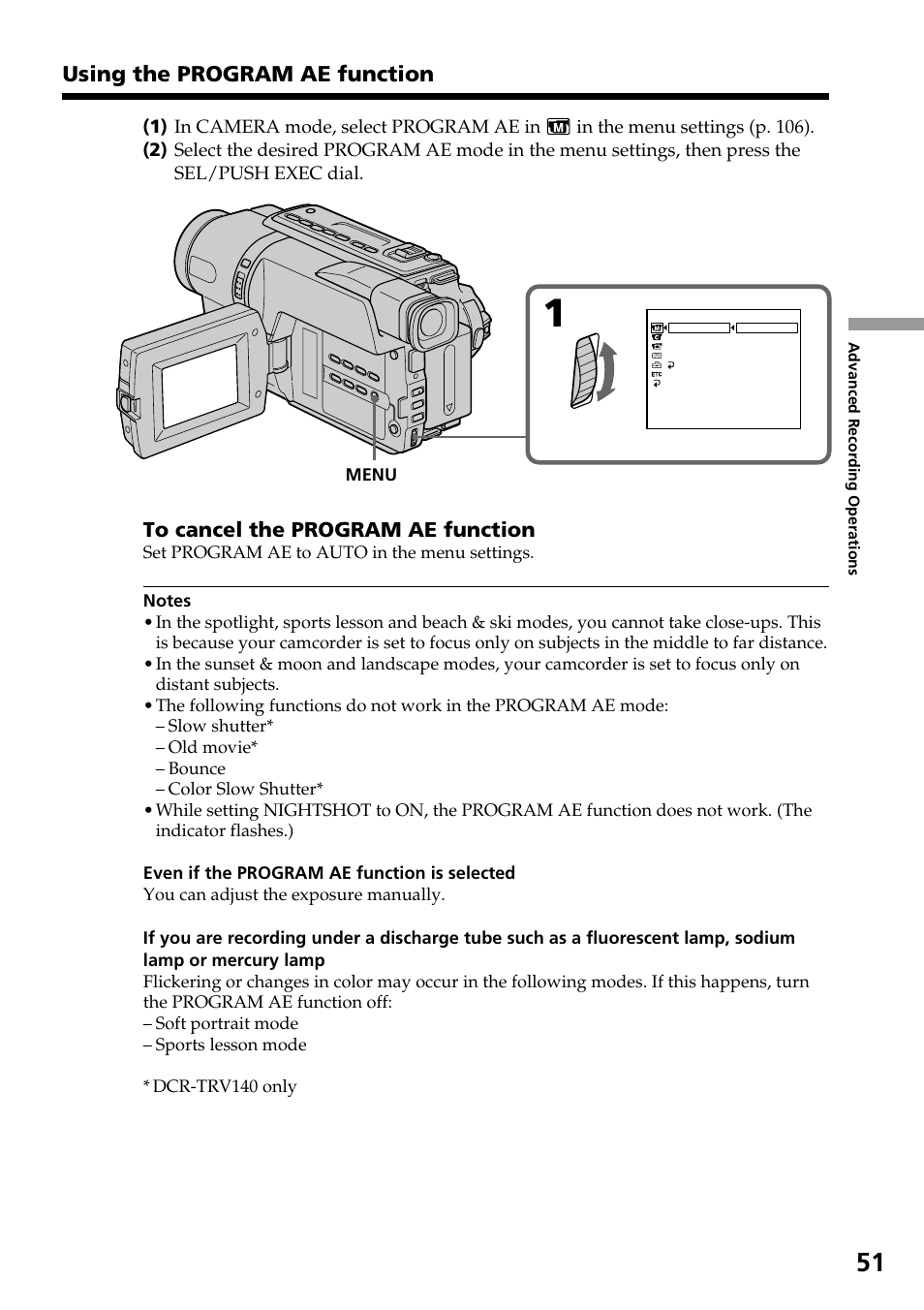 Using the program ae function | Sony DCR-TRV140 User Manual | Page 51 / 148