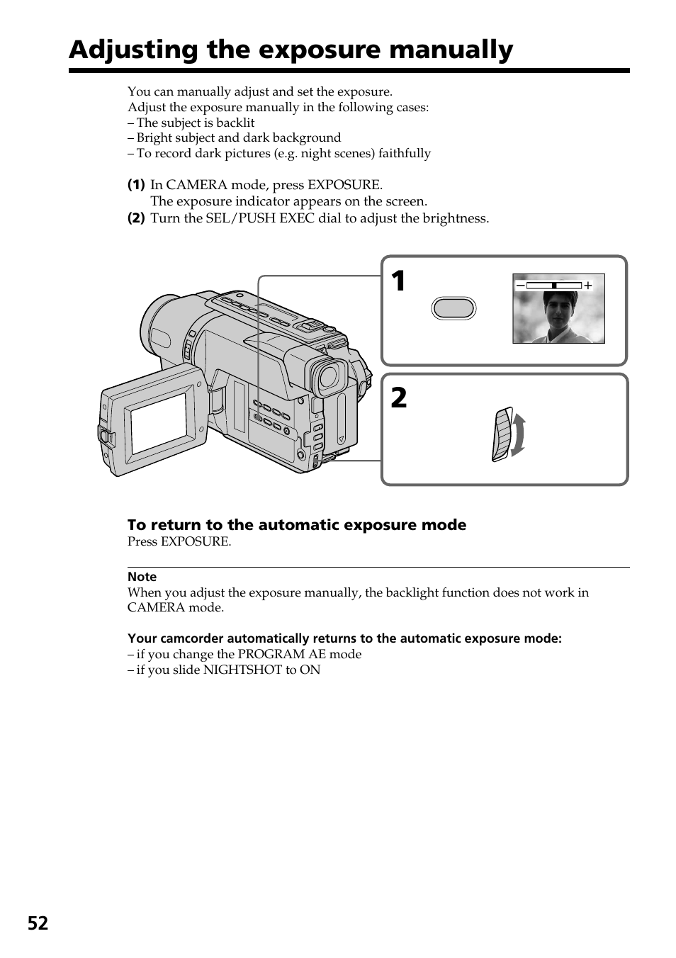 Adjusting the exposure manually | Sony DCR-TRV140 User Manual | Page 52 / 148