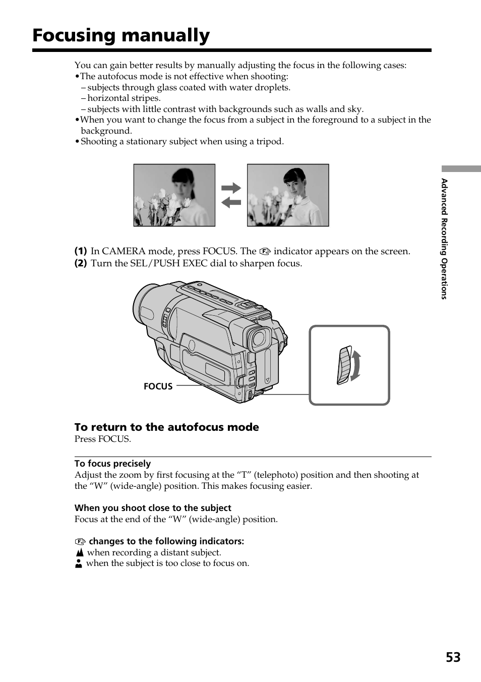 Focusing manually | Sony DCR-TRV140 User Manual | Page 53 / 148