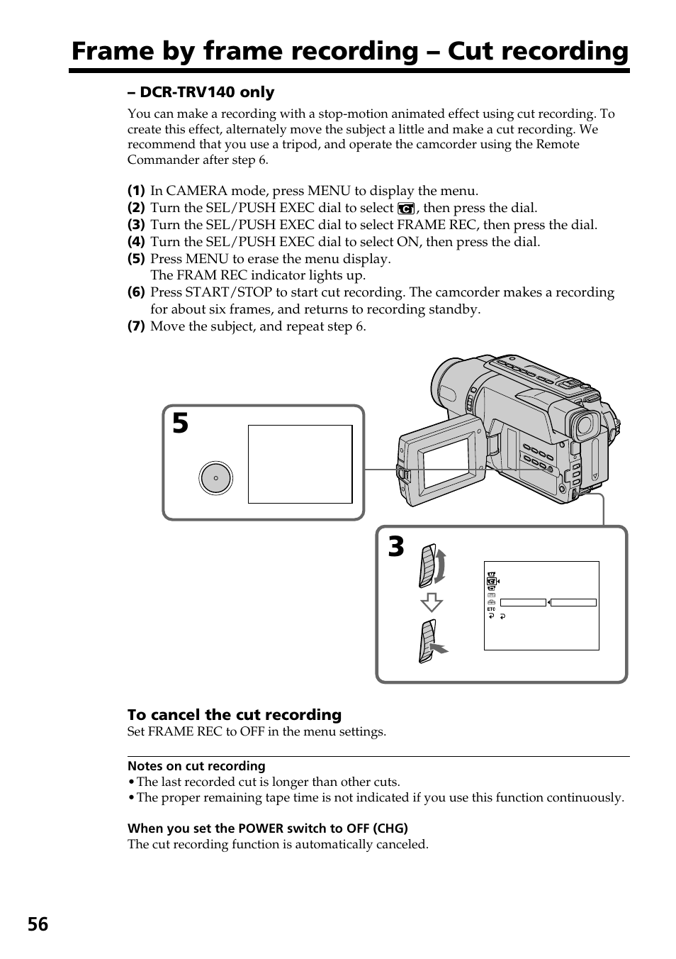 Frame by frame recording – cut recording | Sony DCR-TRV140 User Manual | Page 56 / 148