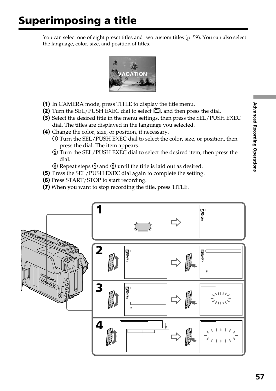 Superimposing a title | Sony DCR-TRV140 User Manual | Page 57 / 148