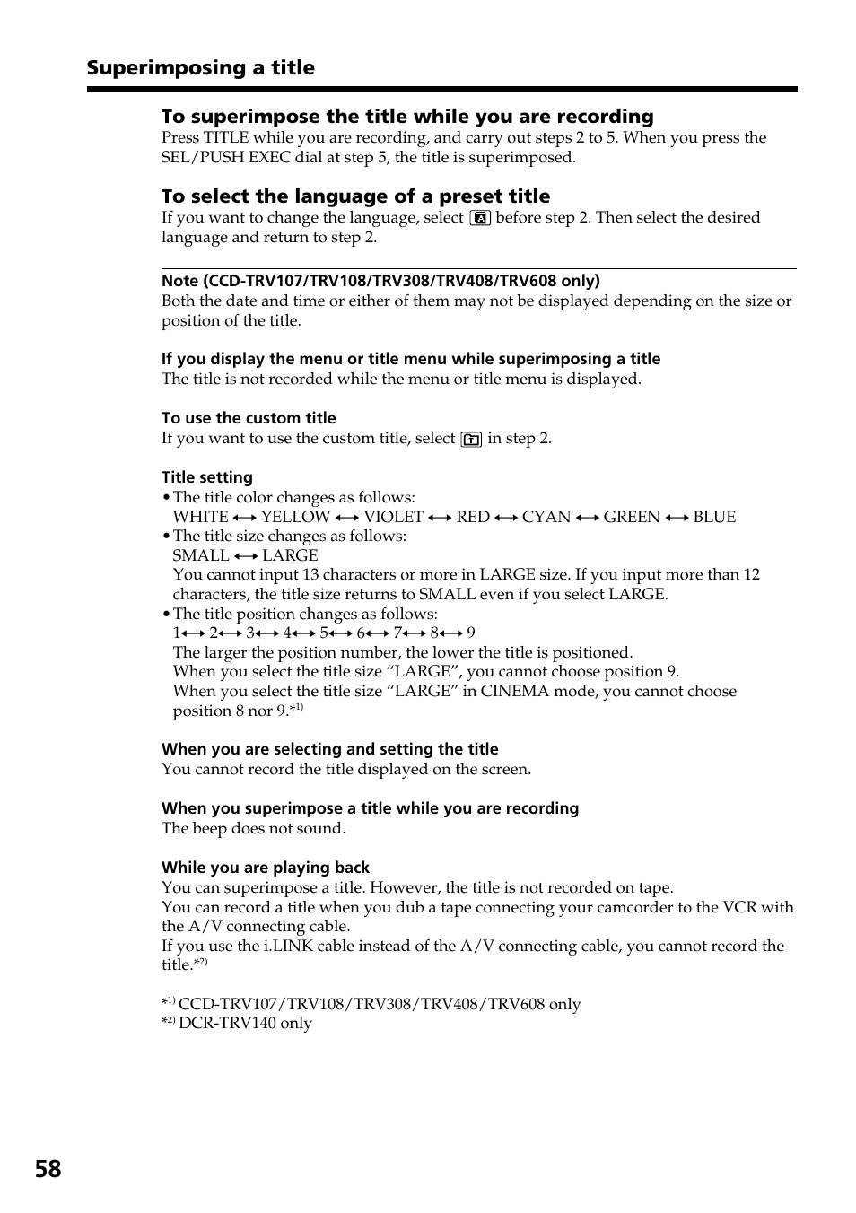 Superimposing a title | Sony DCR-TRV140 User Manual | Page 58 / 148