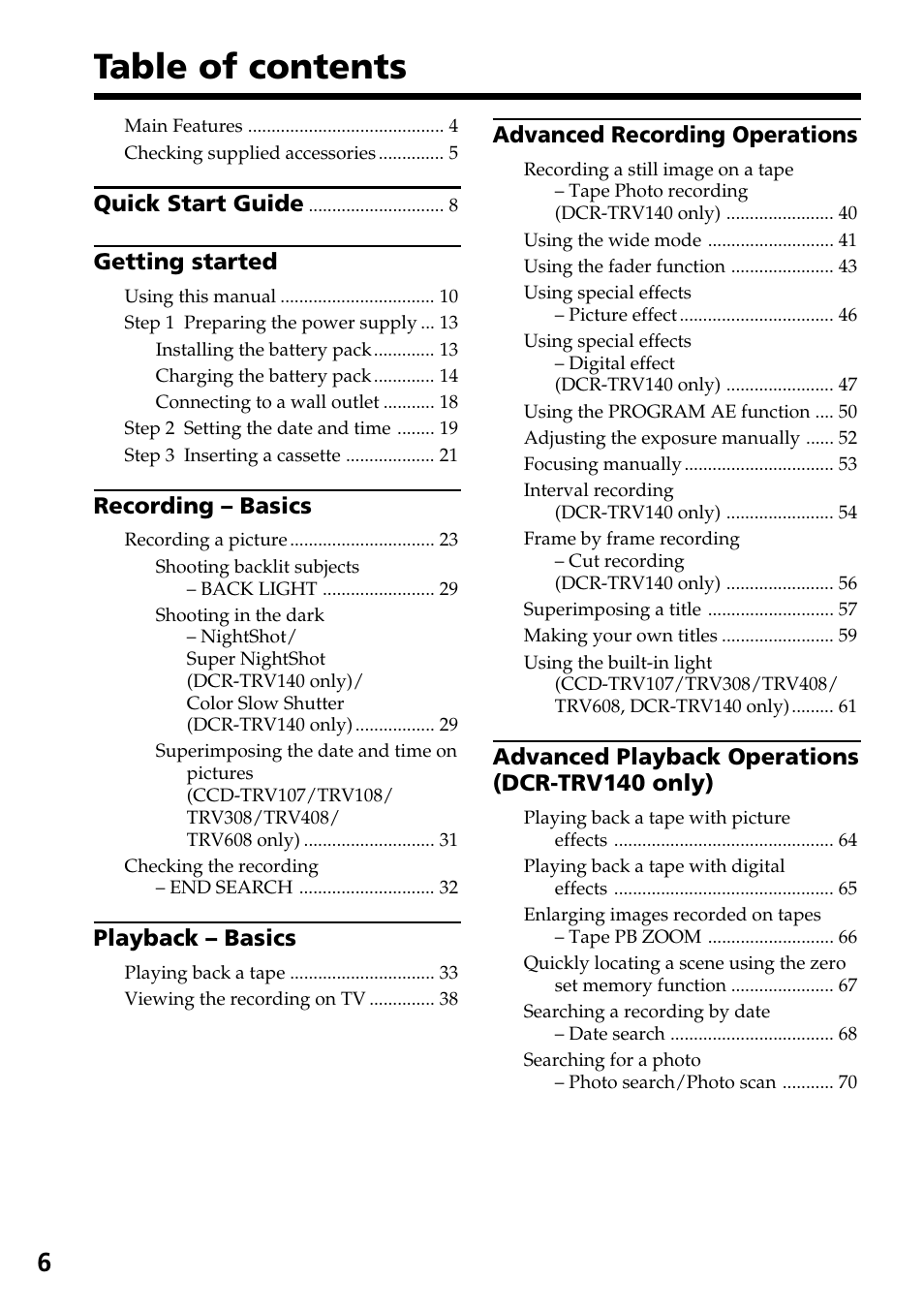Sony DCR-TRV140 User Manual | Page 6 / 148