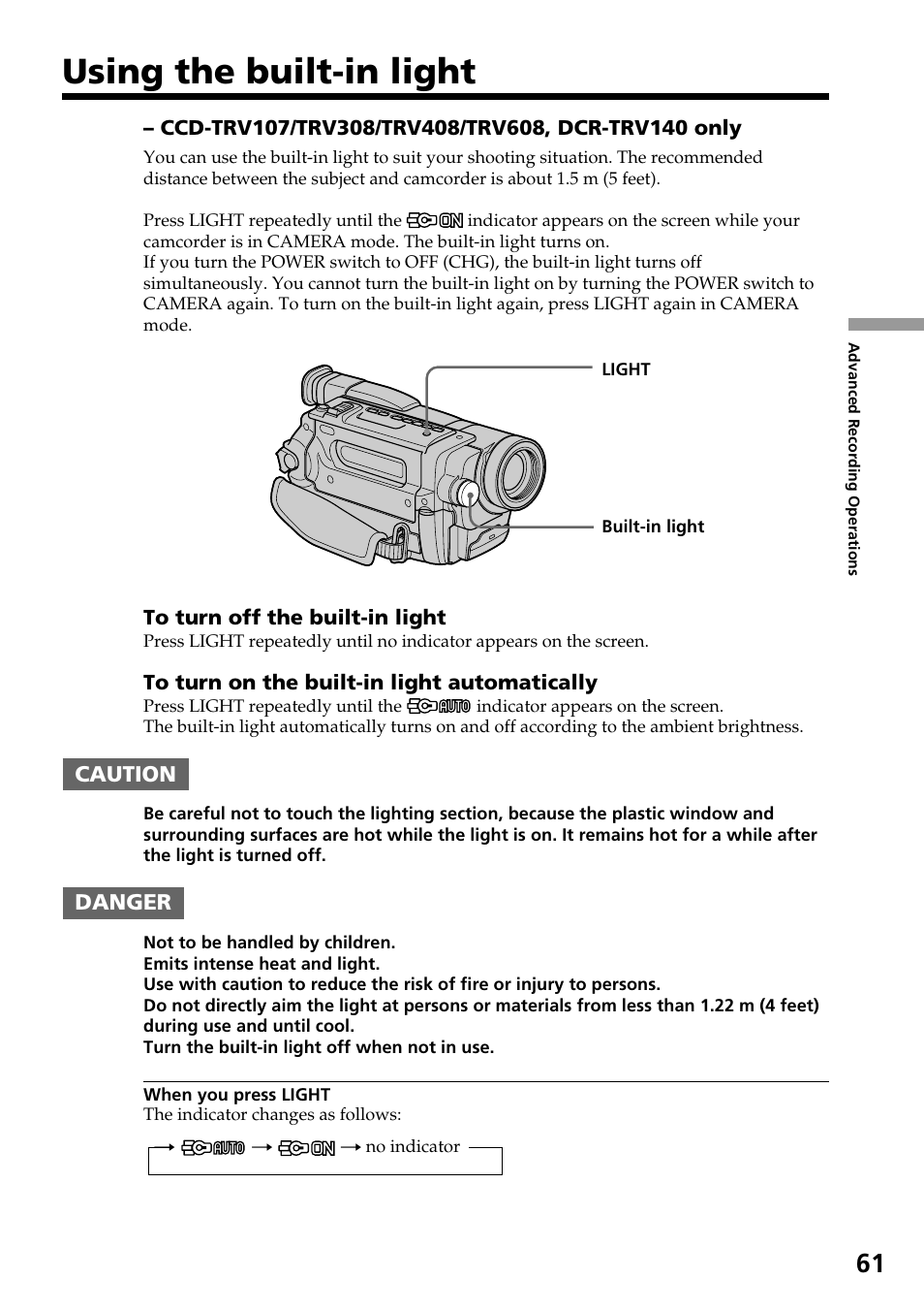 Using the built-in light | Sony DCR-TRV140 User Manual | Page 61 / 148