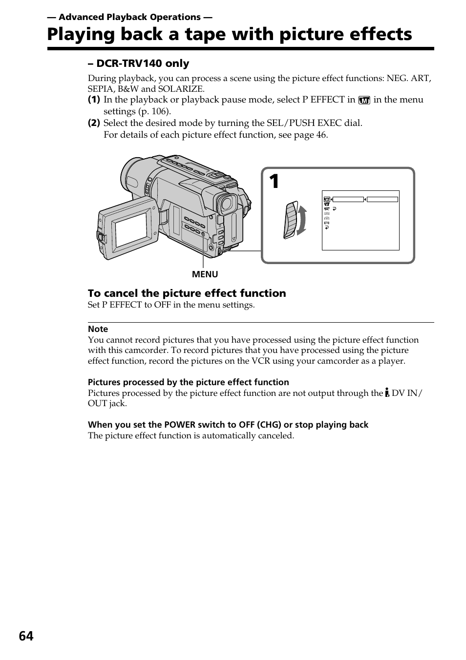 Advanced playback operations (dcr-trv140 only), Playing back a tape with picture effects | Sony DCR-TRV140 User Manual | Page 64 / 148