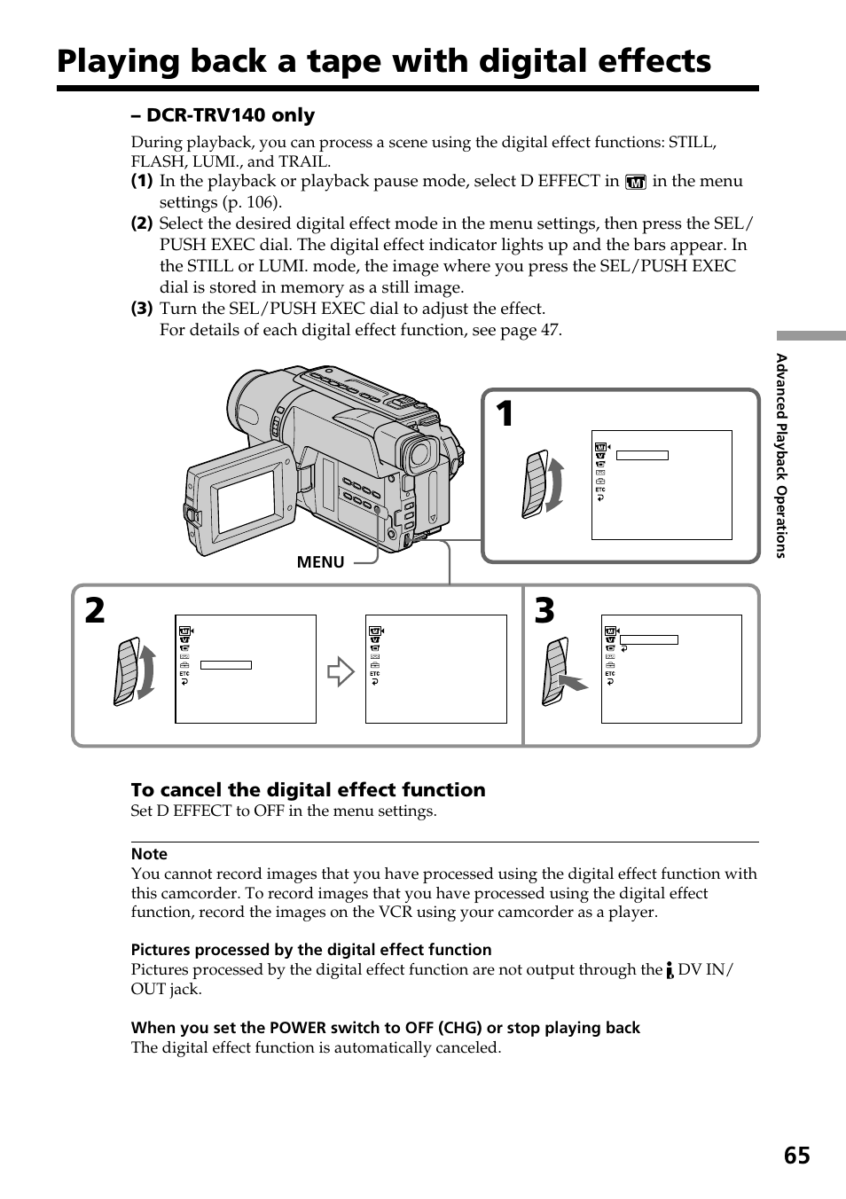 Playing back a tape with digital effects | Sony DCR-TRV140 User Manual | Page 65 / 148