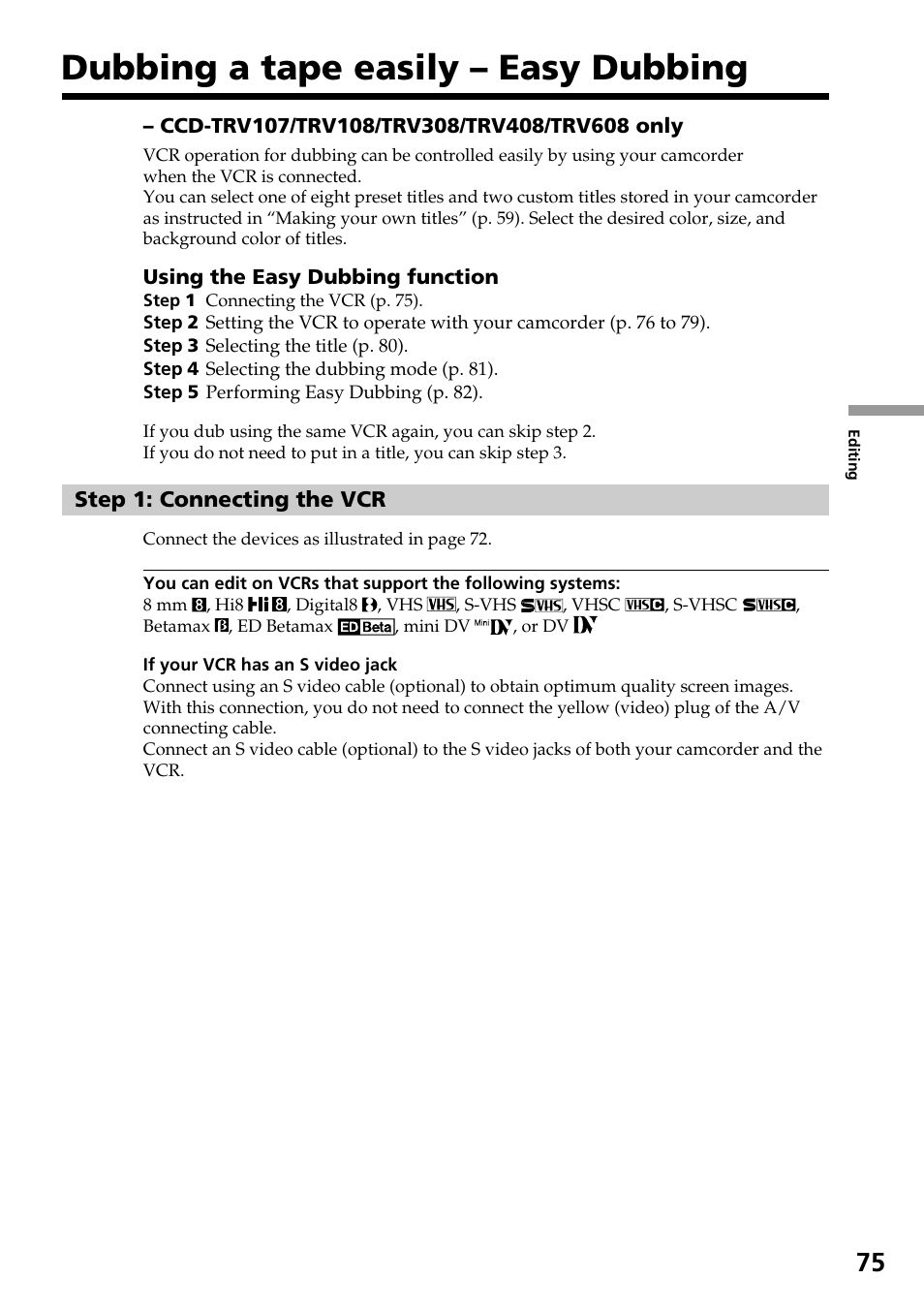 Dubbing a tape easily – easy dubbing | Sony DCR-TRV140 User Manual | Page 75 / 148