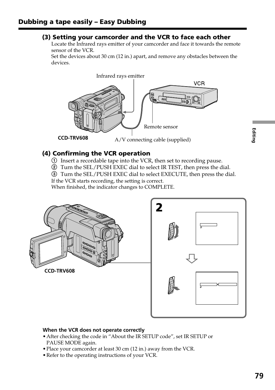 Dubbing a tape easily – easy dubbing, 4) confirming the vcr operation | Sony DCR-TRV140 User Manual | Page 79 / 148