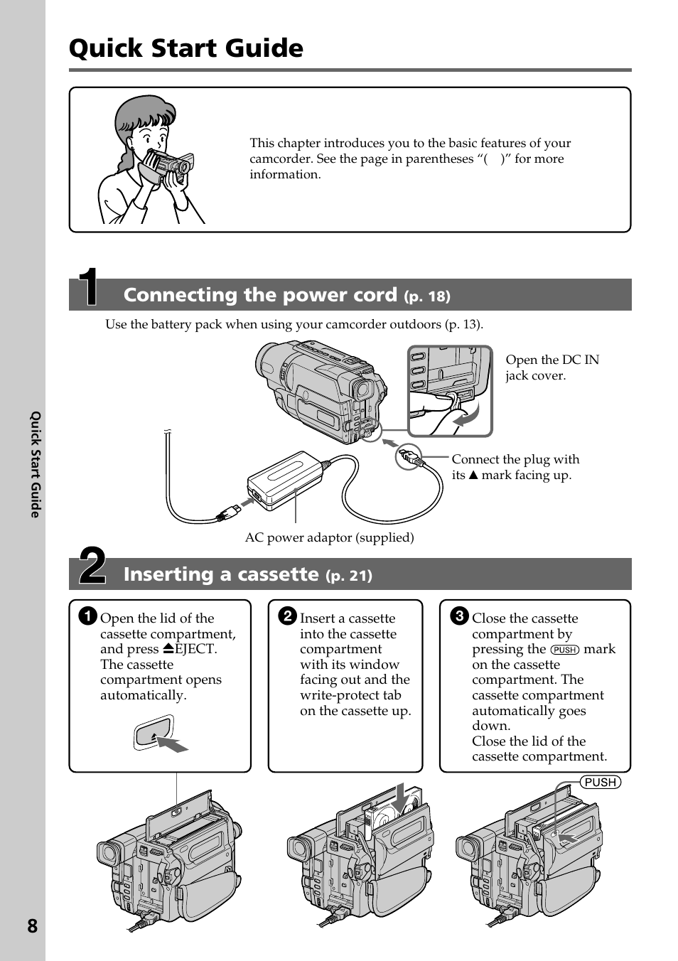 Quick start guide, Inserting a cassette, Connecting the power cord | Sony DCR-TRV140 User Manual | Page 8 / 148