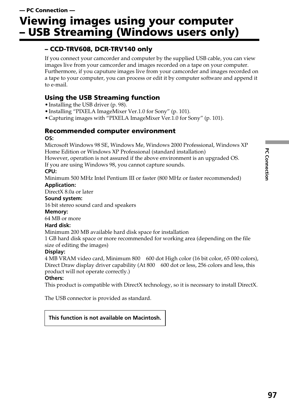 Pc connection (ccd-trv608, dcr-trv140 only) | Sony DCR-TRV140 User Manual | Page 97 / 148