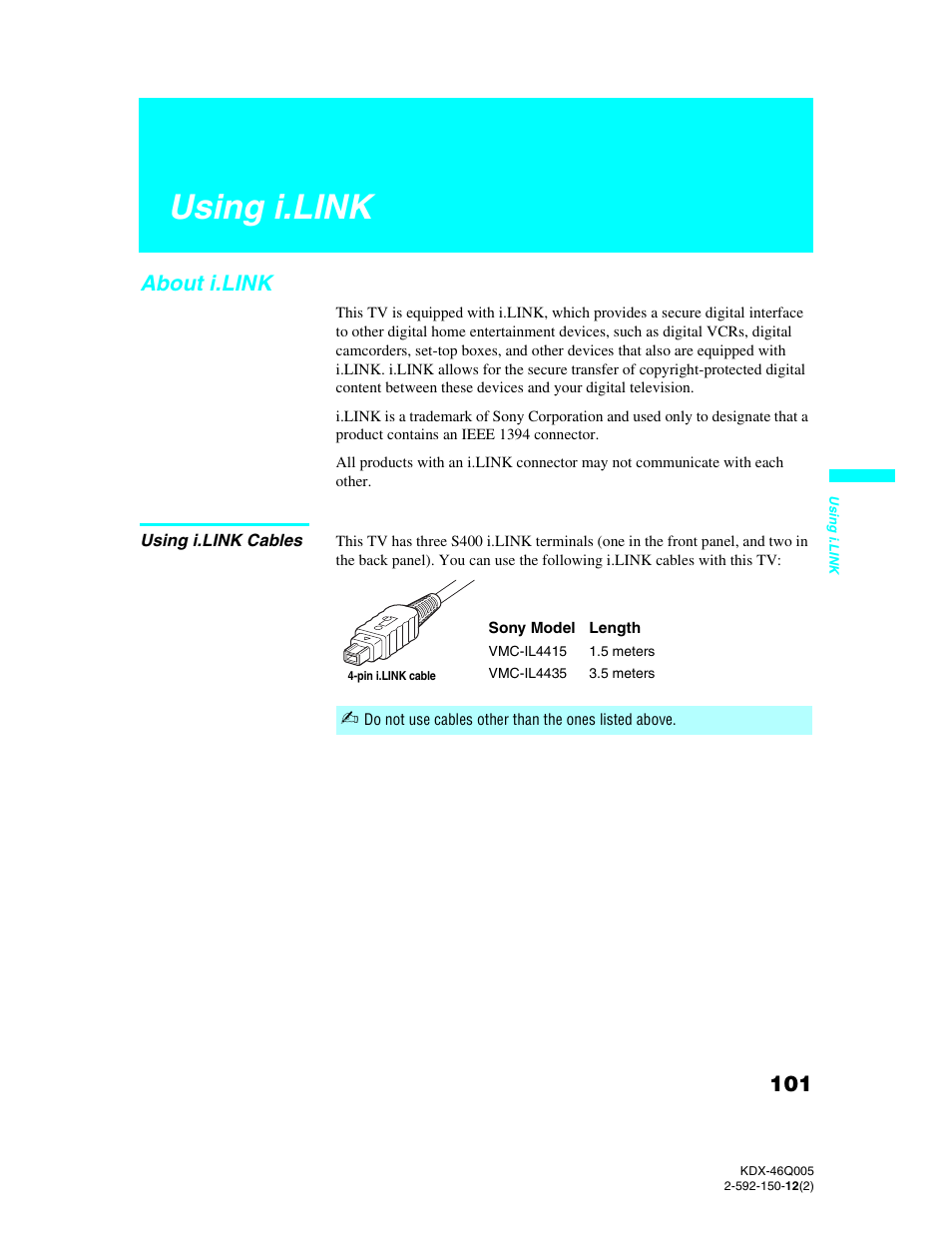 Using i.link, About i.link, Using i.link cables | Sony KDX-46Q005 User Manual | Page 103 / 151