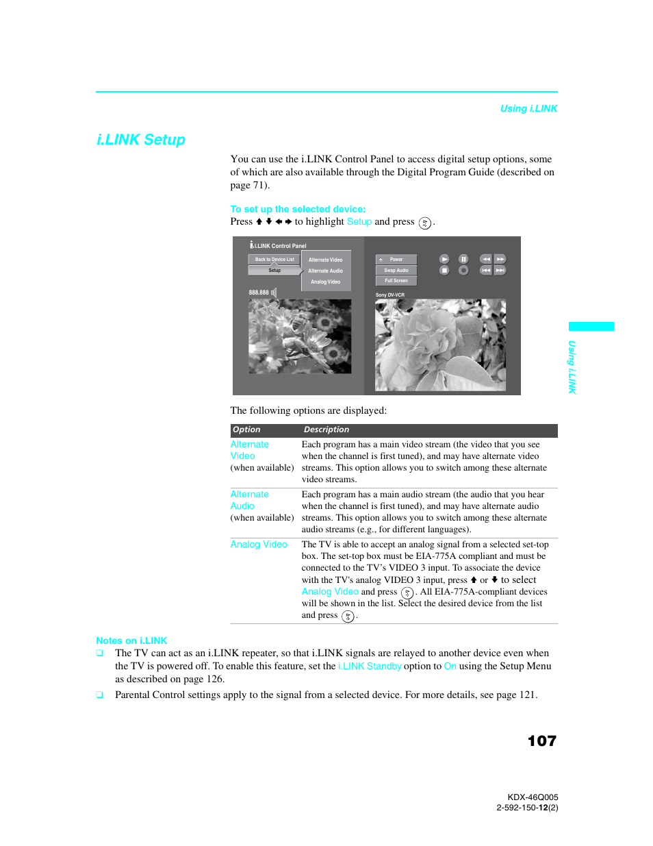 I.link setup | Sony KDX-46Q005 User Manual | Page 109 / 151