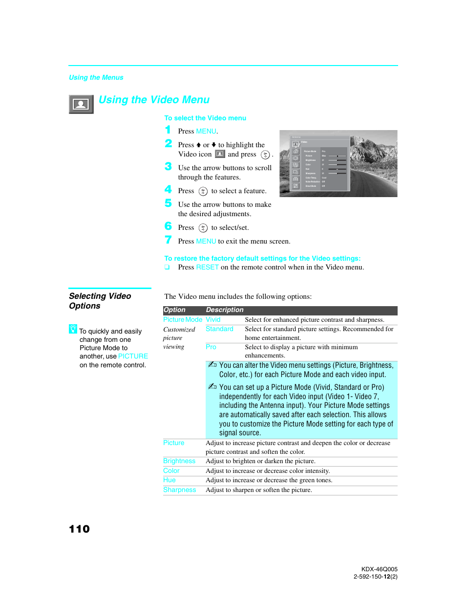 Using the video menu, Selecting video options | Sony KDX-46Q005 User Manual | Page 112 / 151