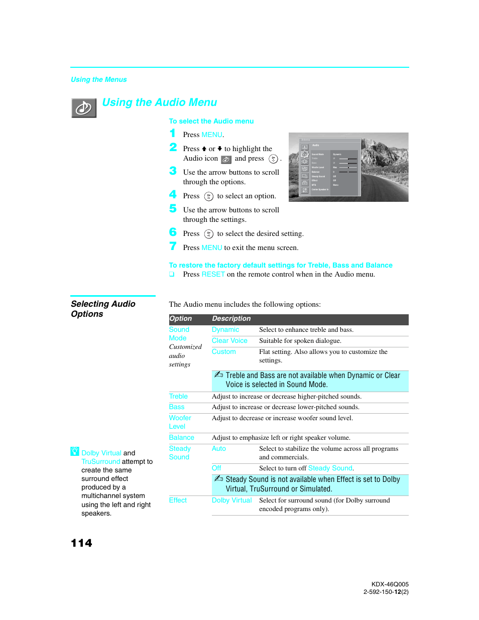 Using the audio menu, Selecting audio options | Sony KDX-46Q005 User Manual | Page 116 / 151