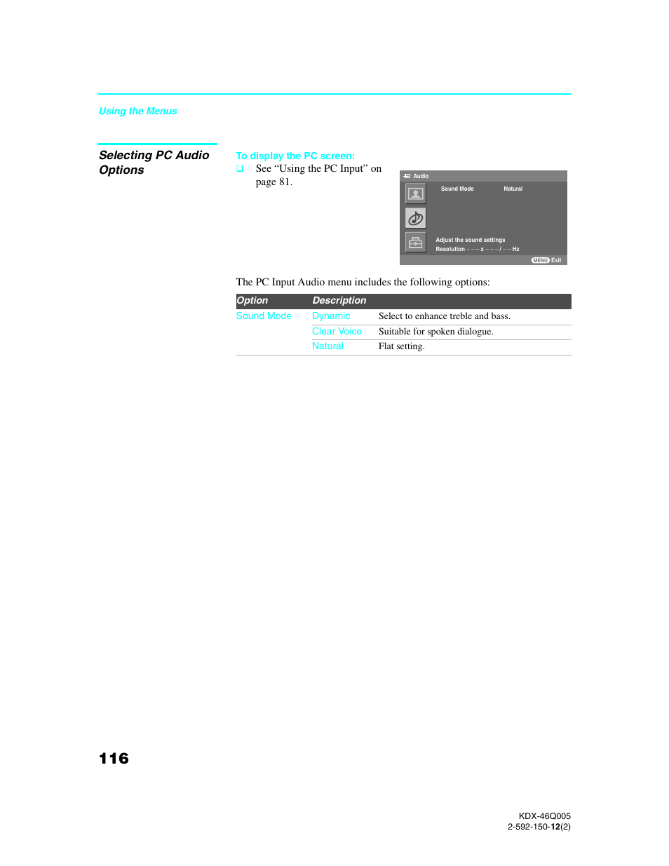 Selecting pc audio options | Sony KDX-46Q005 User Manual | Page 118 / 151