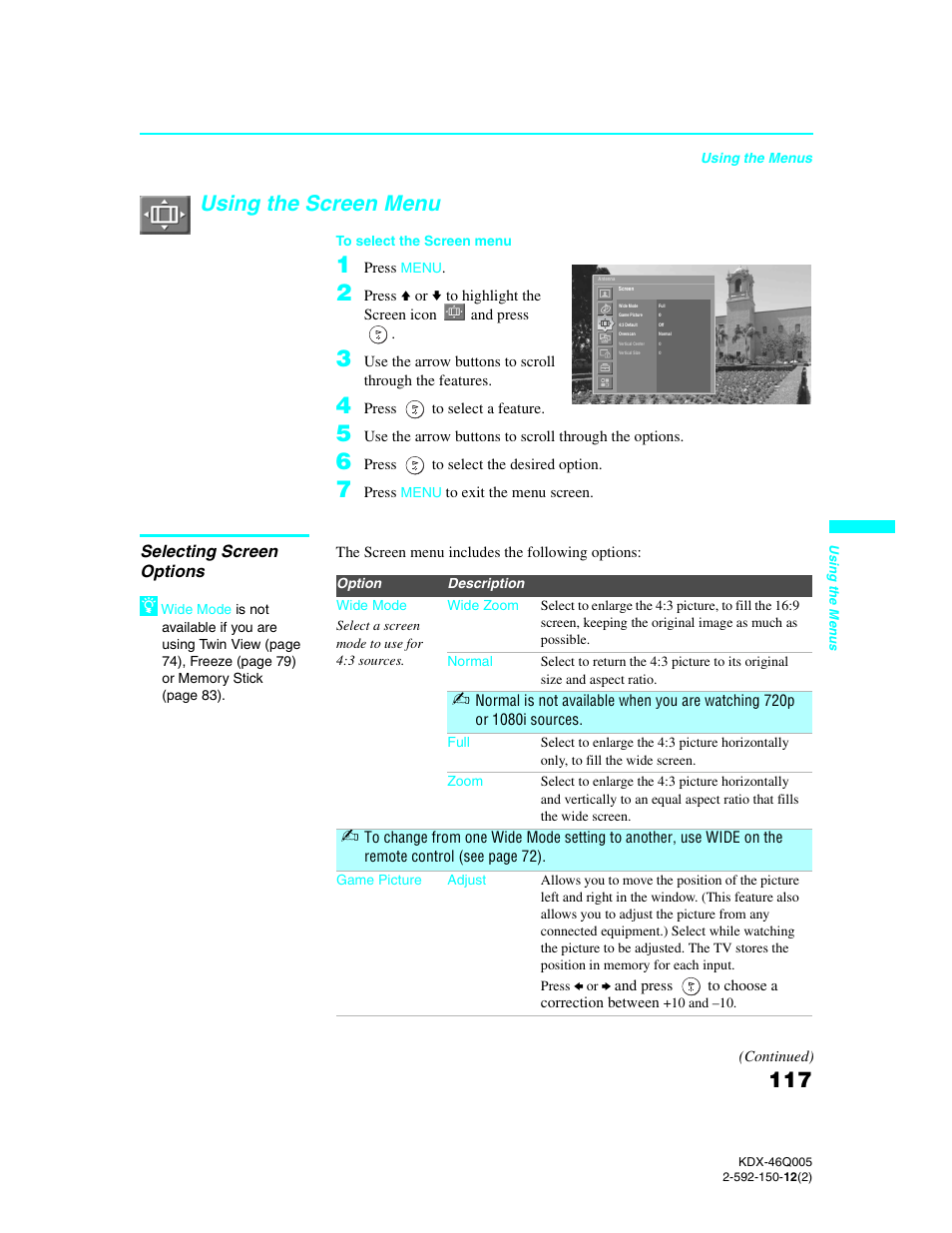 Using the screen menu, Selecting screen options | Sony KDX-46Q005 User Manual | Page 119 / 151