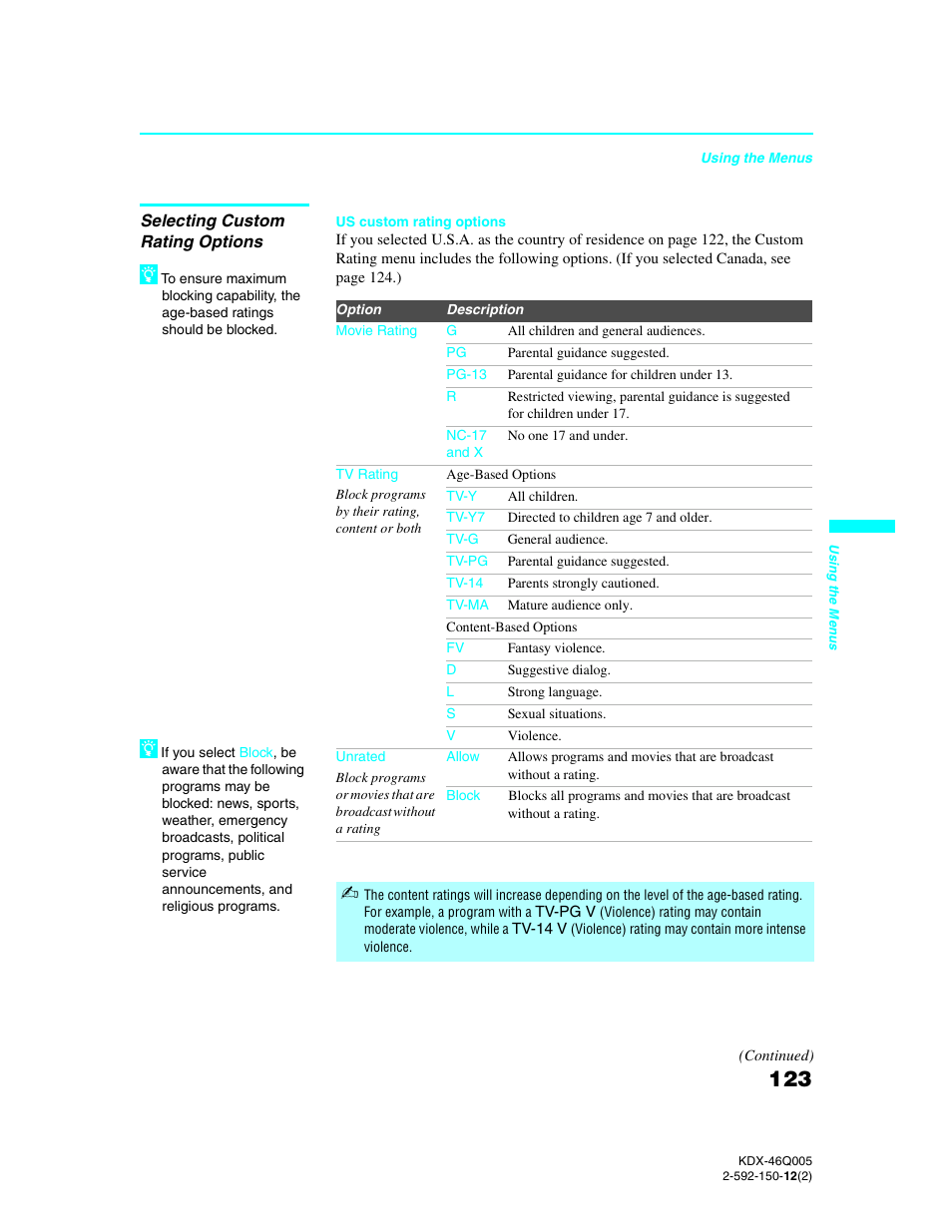 Selecting custom rating options | Sony KDX-46Q005 User Manual | Page 125 / 151