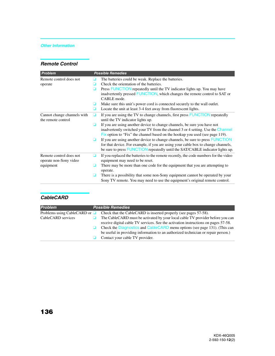 Remote control, Cablecard, Remote control cablecard | Sony KDX-46Q005 User Manual | Page 138 / 151