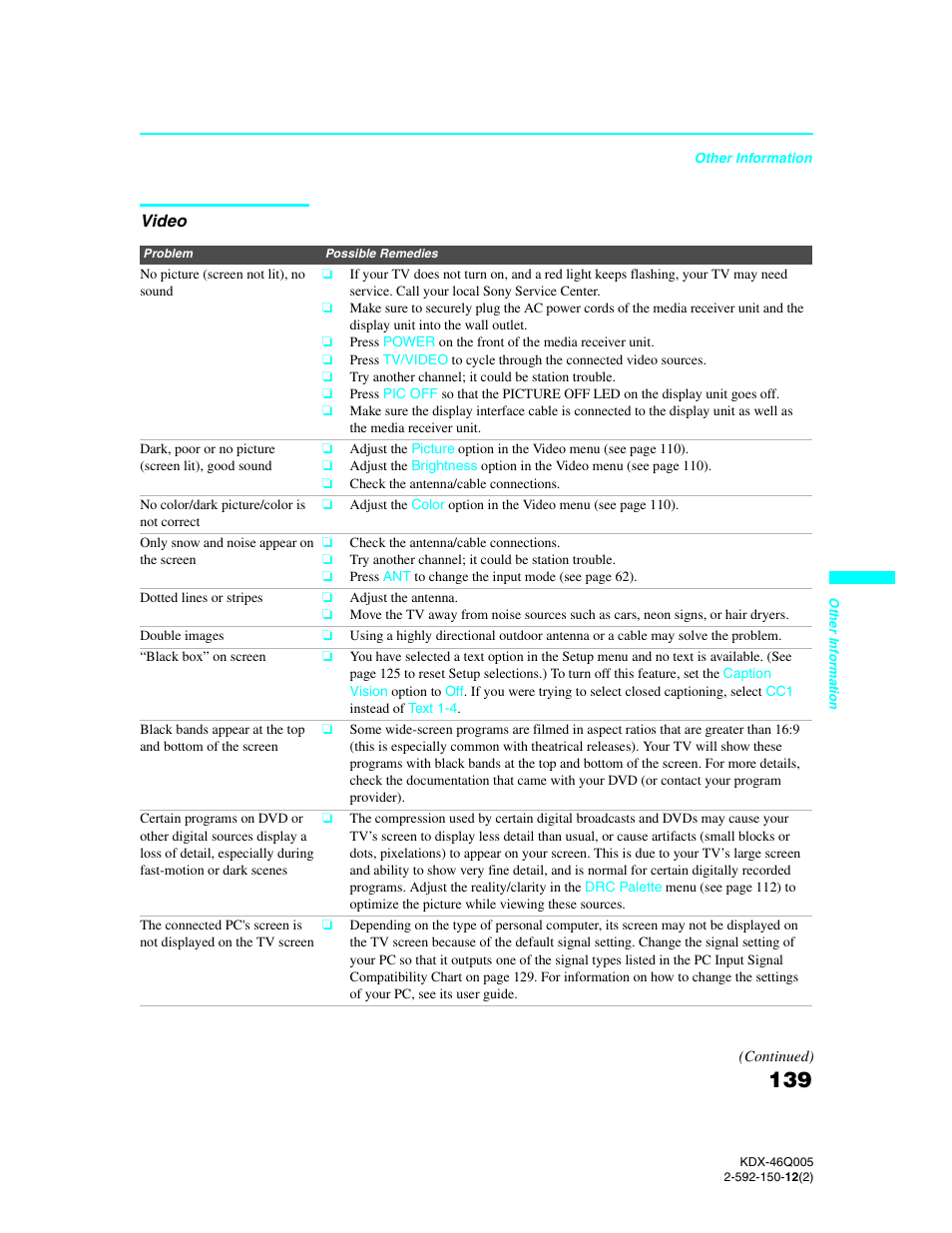 Video | Sony KDX-46Q005 User Manual | Page 141 / 151