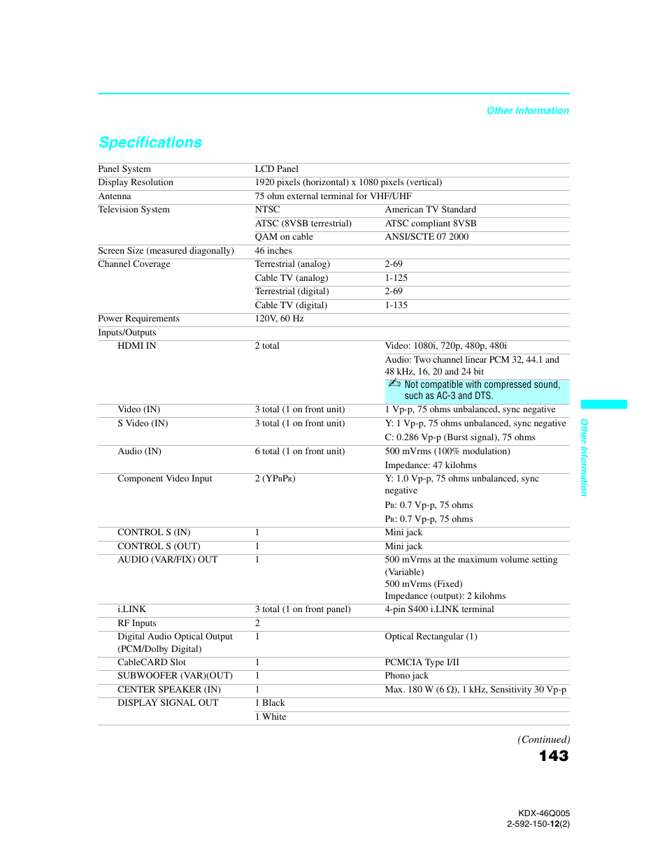 Specifications | Sony KDX-46Q005 User Manual | Page 145 / 151