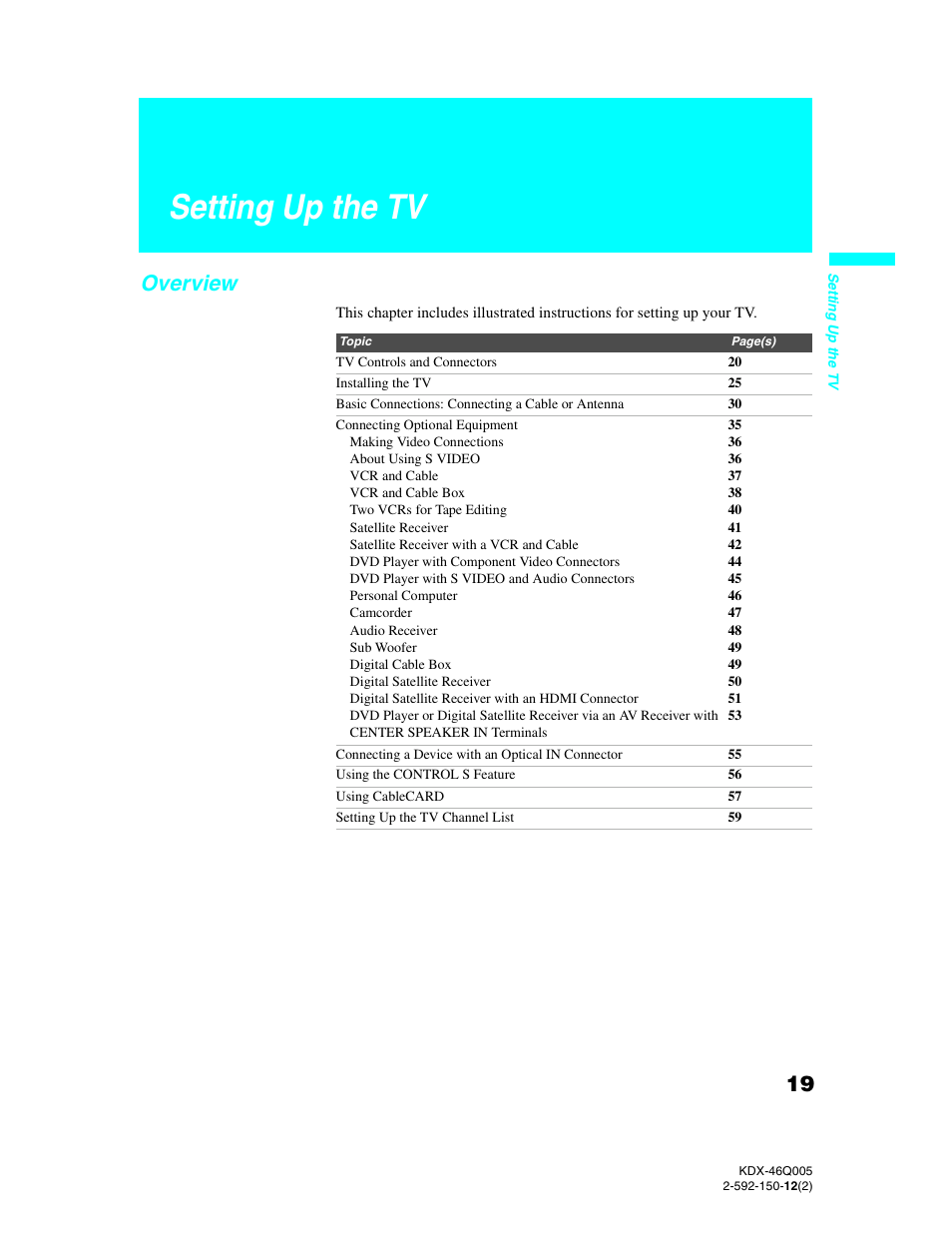 Setting up the tv, Overview | Sony KDX-46Q005 User Manual | Page 21 / 151