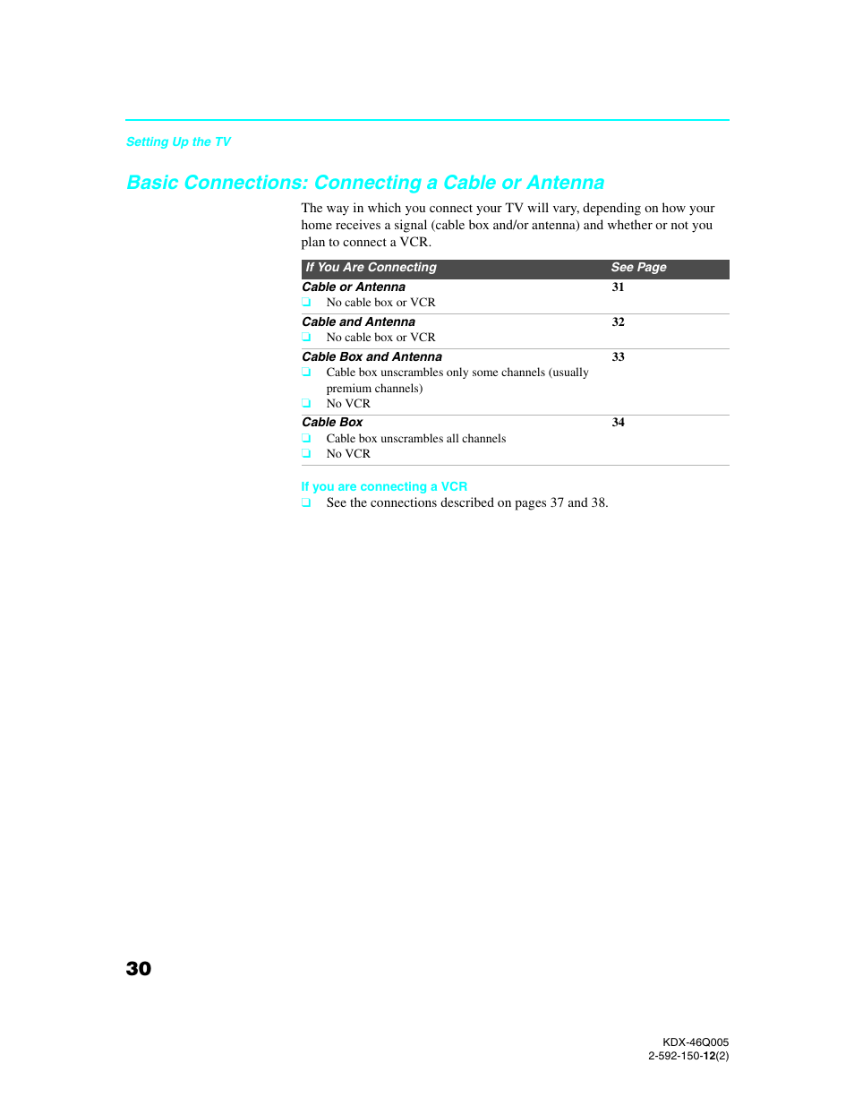 Basic connections: connecting a cable or antenna, Basic connections: connecting a cable or, Antenna | Sony KDX-46Q005 User Manual | Page 32 / 151