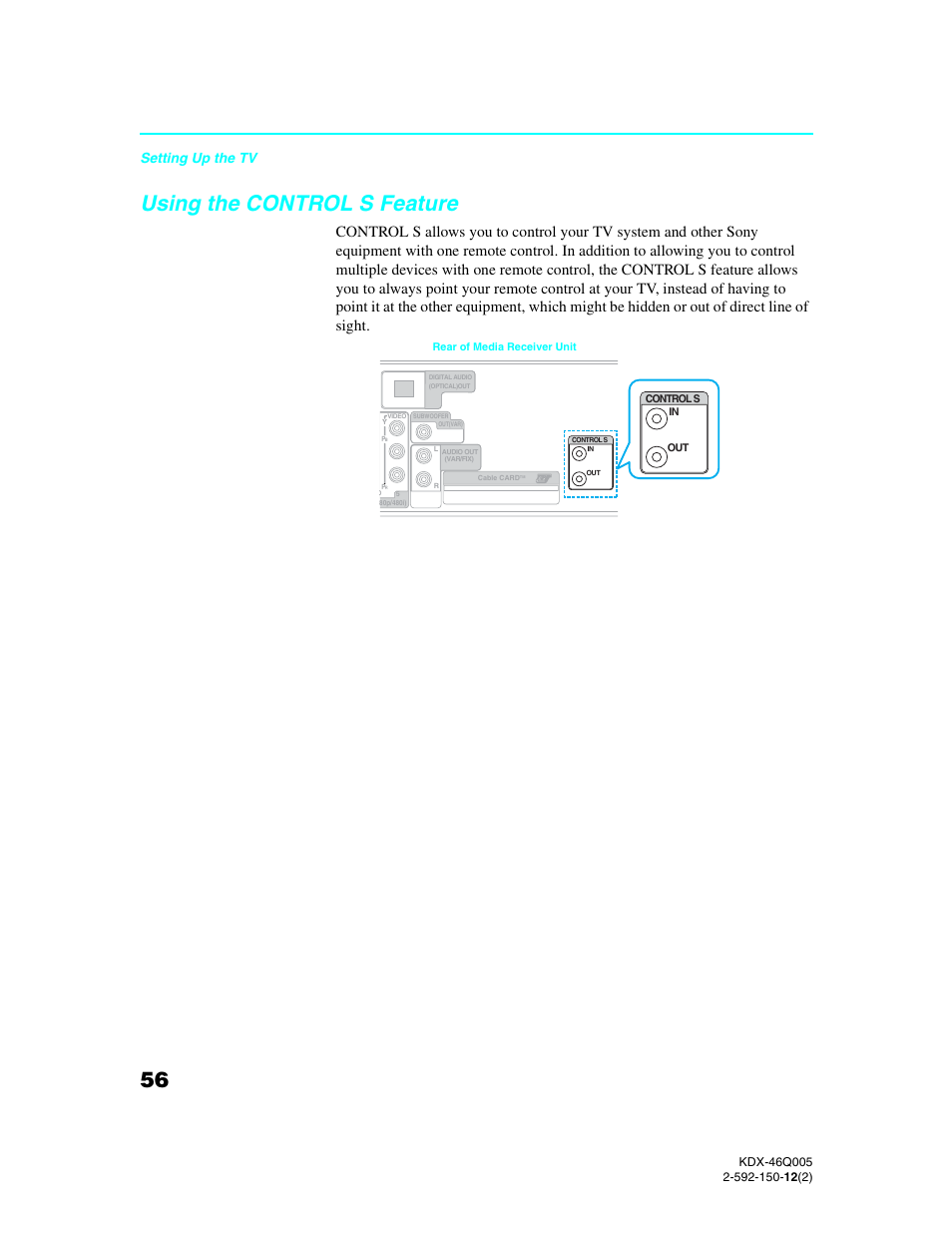 Using the control s feature, Setting up the tv | Sony KDX-46Q005 User Manual | Page 58 / 151