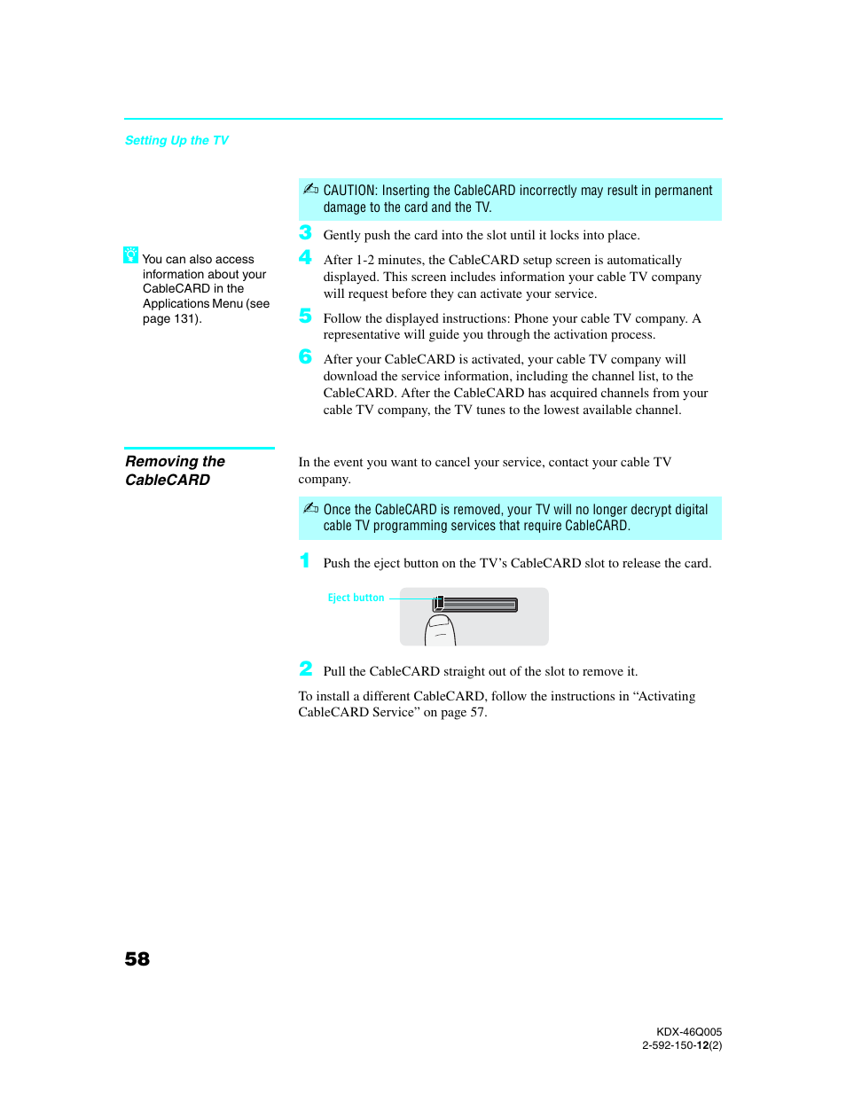 Removing the cablecard | Sony KDX-46Q005 User Manual | Page 60 / 151