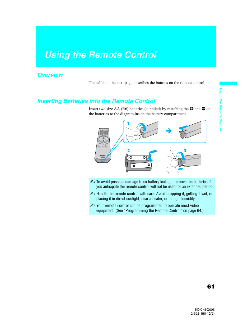 Using the remote control, Overview, Inserting batteries into the remote control | Sony KDX-46Q005 User Manual | Page 63 / 151