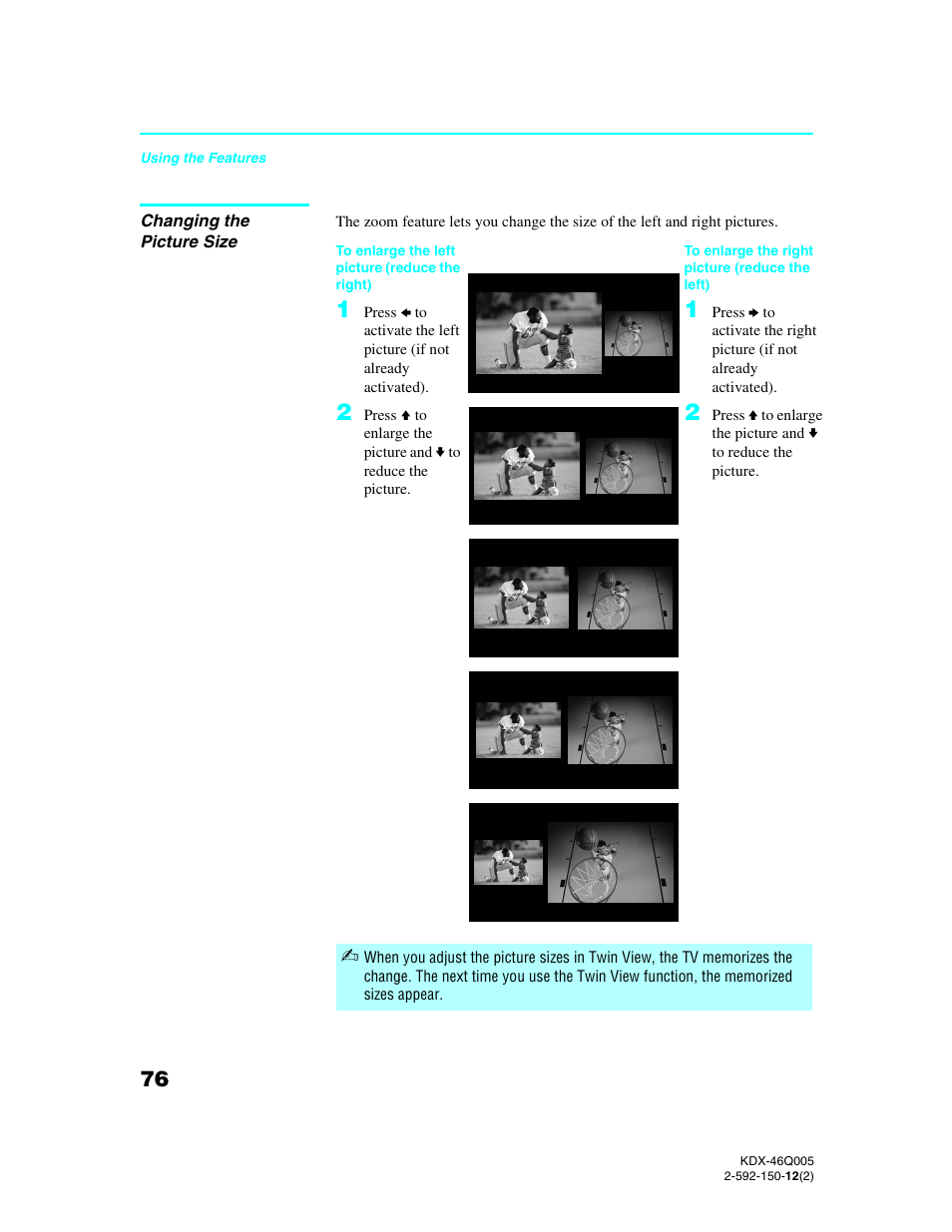 Changing the picture size, Changing the | Sony KDX-46Q005 User Manual | Page 78 / 151