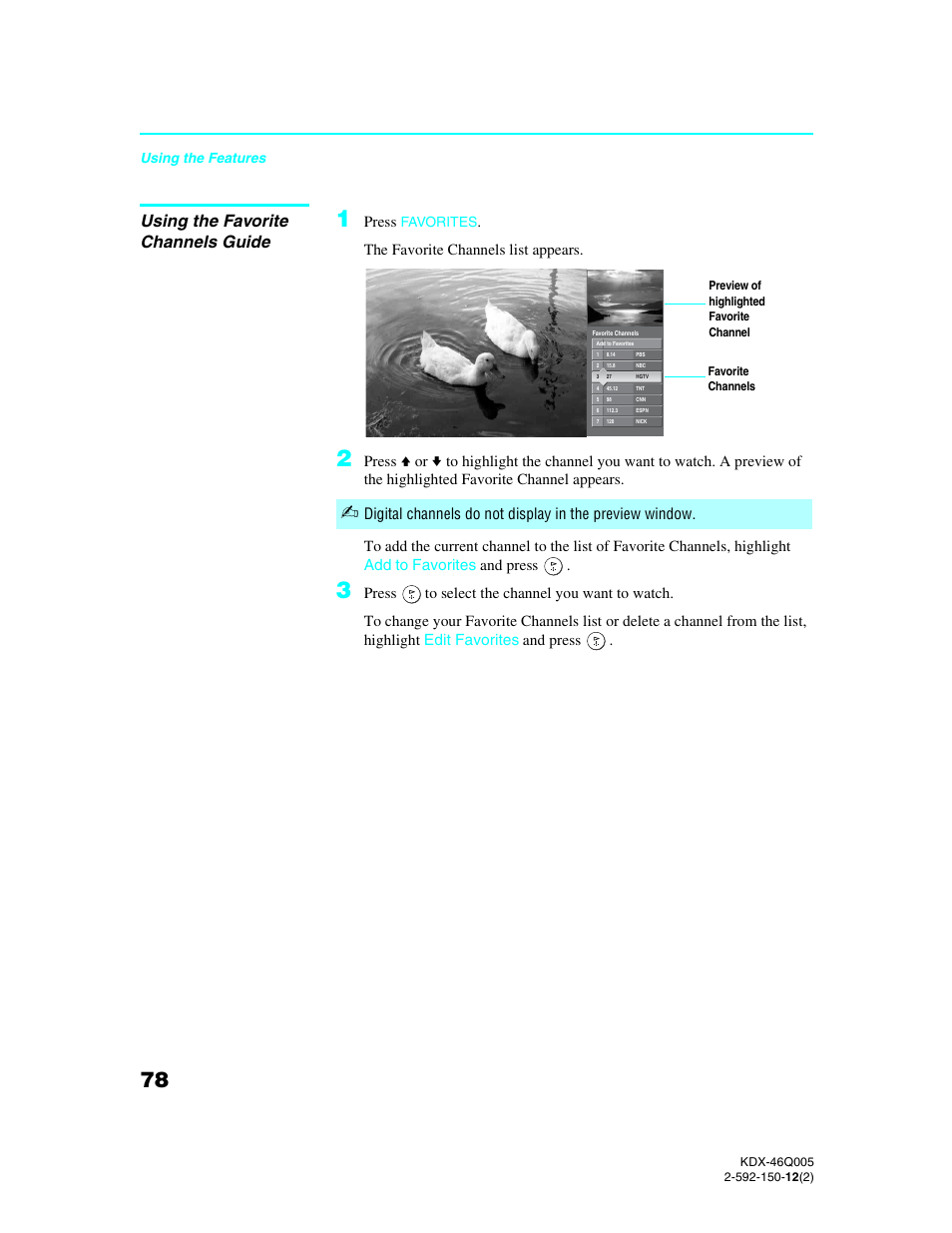 Using the favorite channels guide | Sony KDX-46Q005 User Manual | Page 80 / 151