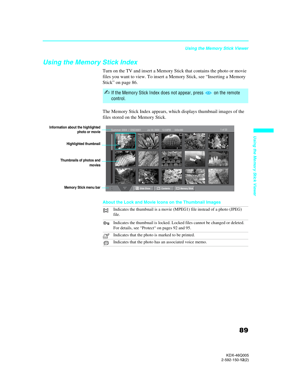 Using the memory stick index | Sony KDX-46Q005 User Manual | Page 91 / 151