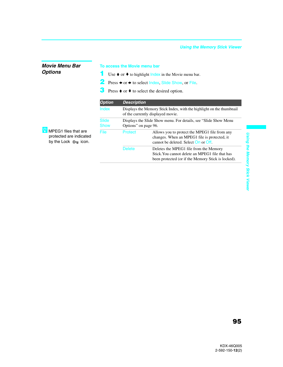 Movie menu bar options | Sony KDX-46Q005 User Manual | Page 97 / 151