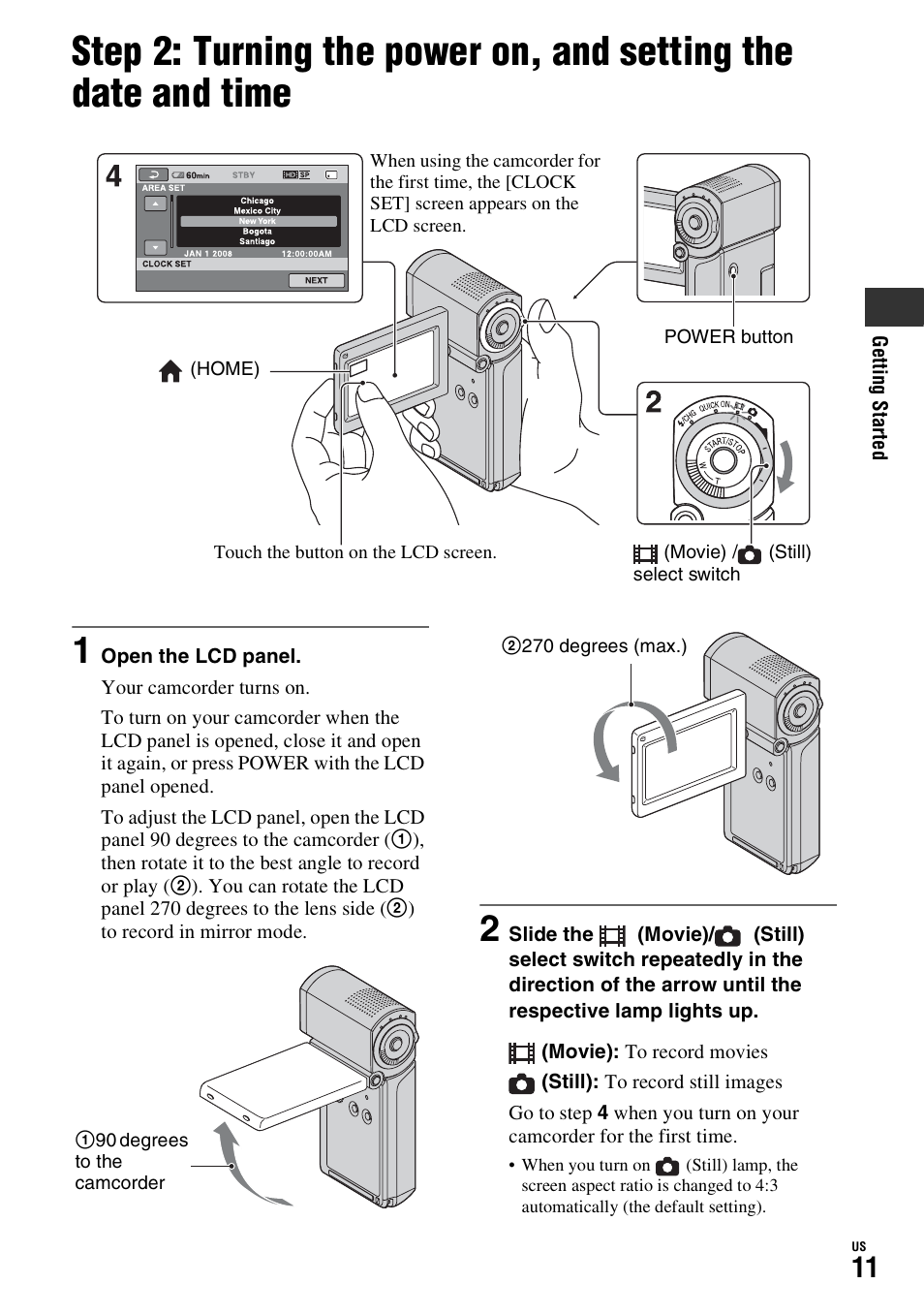 P. 11), Step 2: turning the power on, and, Setting the date and time | Sony HDR-TG1 User Manual | Page 11 / 76