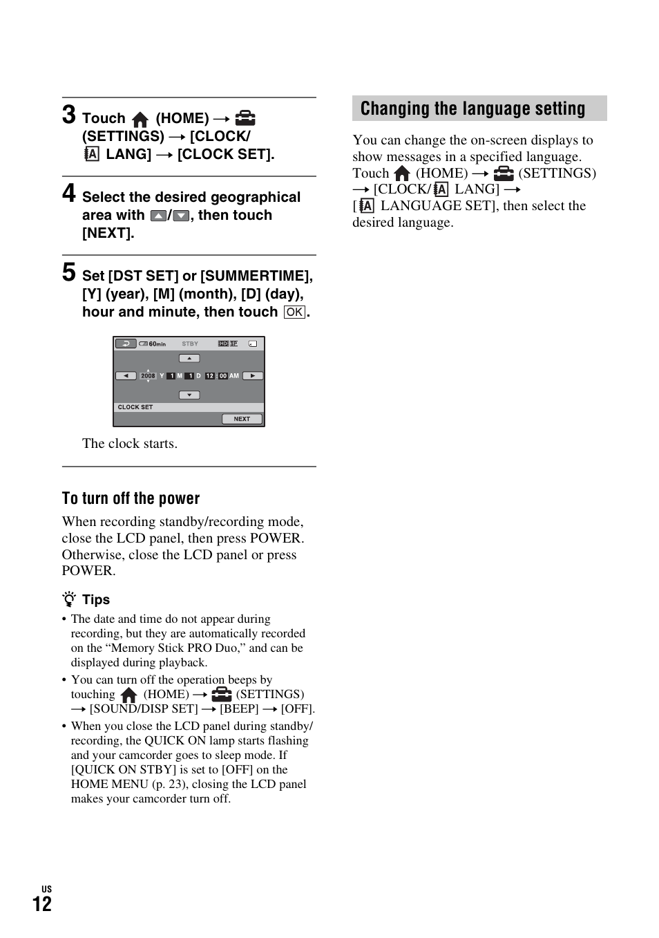 Changing the language setting, P. 12) | Sony HDR-TG1 User Manual | Page 12 / 76