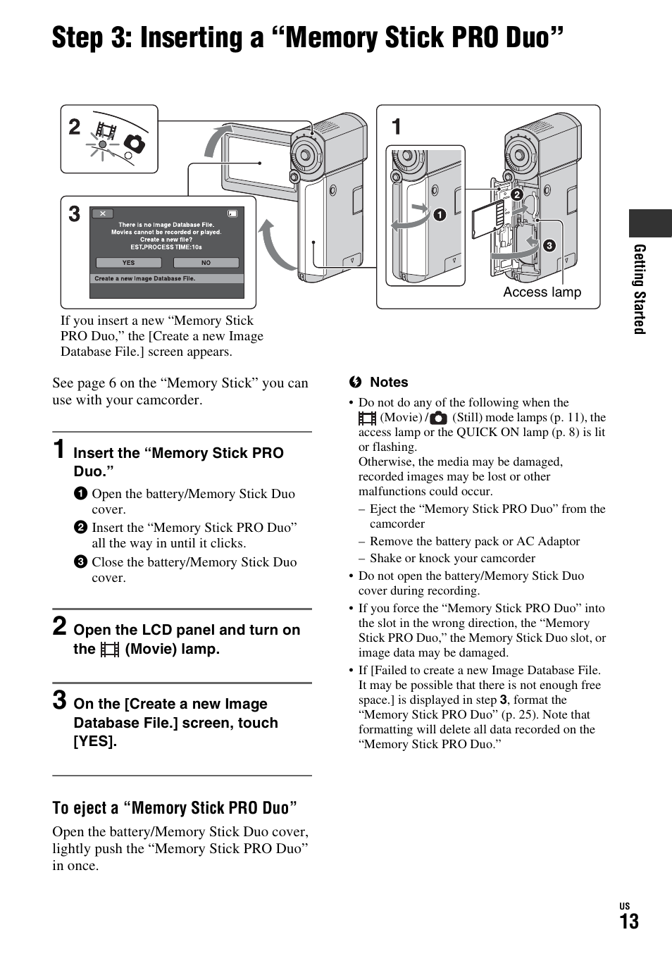 Step 3: inserting a “memory stick pro duo, P. 13), Step 3: inserting a “memory stick | Pro duo | Sony HDR-TG1 User Manual | Page 13 / 76