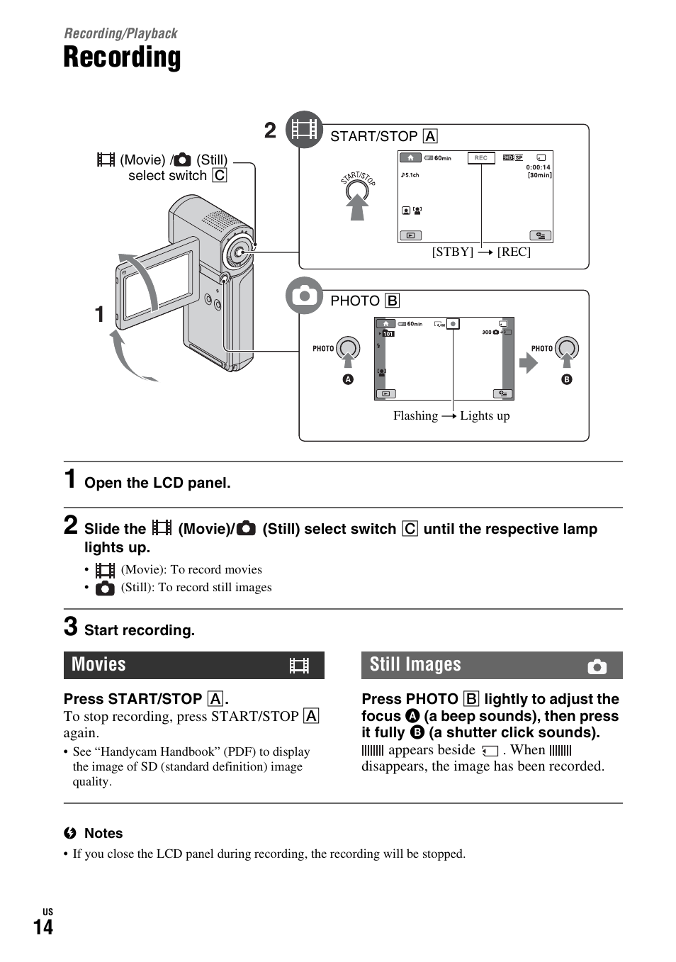 Recording/playback, Recording, Movies still images | Sony HDR-TG1 User Manual | Page 14 / 76